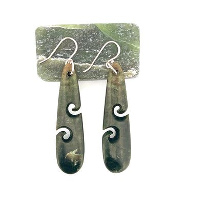 NZ Greenstone Koru Drop Earrings 60 mm