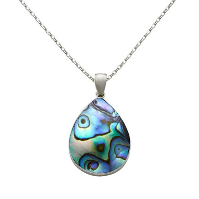 New Zealand Paua Shell Sterling Silver Drop Pendant on trace sterling silver chain.